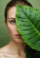 Close-Up Portrait of Woman with Blue Eye and Large Green Leaf with Water Droplets