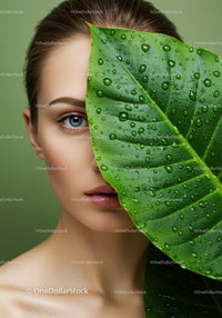 Close-Up Portrait of Woman with Blue Eye and Large Green Leaf with Water Droplets
