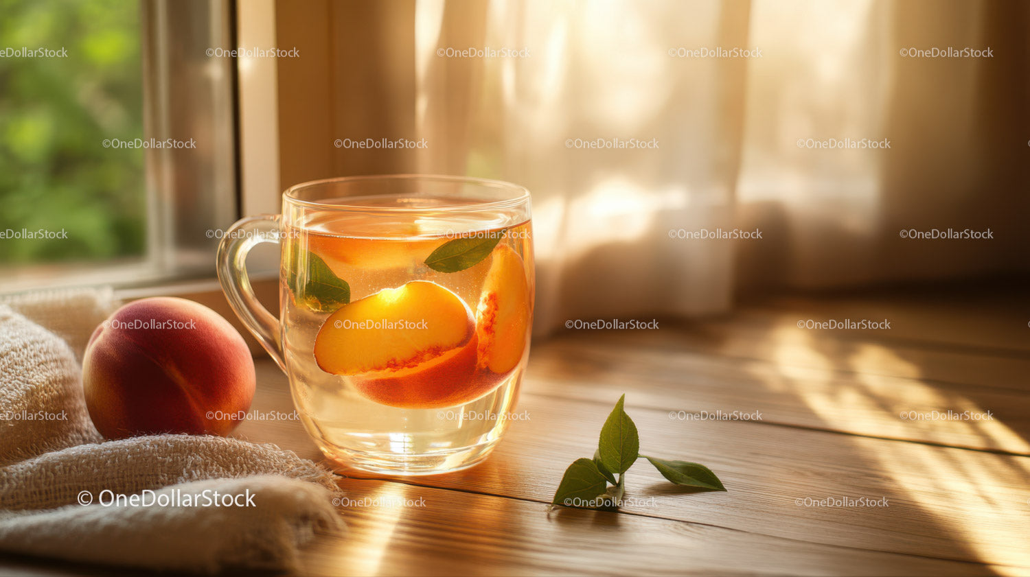 Peach Infused Water with Fresh Peaches on Sunlit Wooden Surface