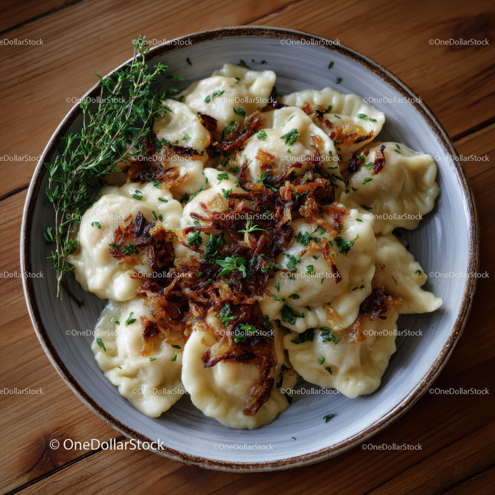 Delicious Homemade Dumplings with Fried Onions and Fresh Herbs