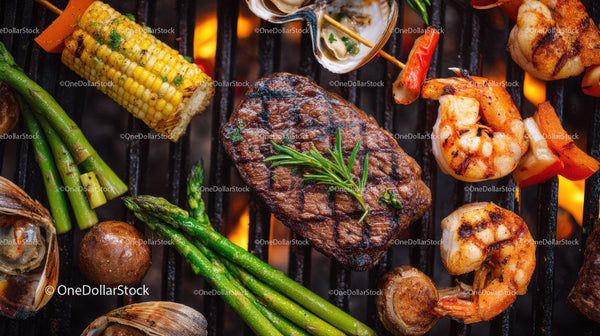 Soczysty Grillowany Stek z Krewetkami na Patyczkach i Kukurydzą w Kolbie
