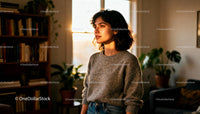 Thoughtful young woman standing in cozy home interior