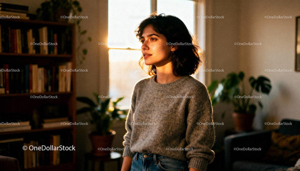 Thoughtful young woman standing in cozy home interior