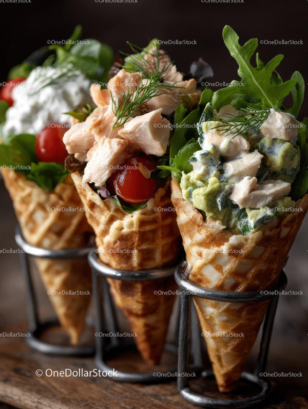 Delicious Ice Cream Cones with Fresh Salad and Chicken Topping