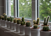 Collection of Cacti and Succulents on Windowsill Featuring Green Foliage