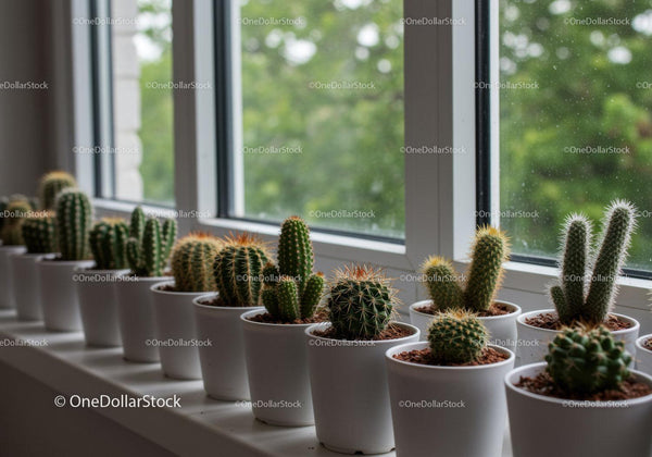 Collection of Cacti and Succulents on Windowsill Featuring Green Foliage