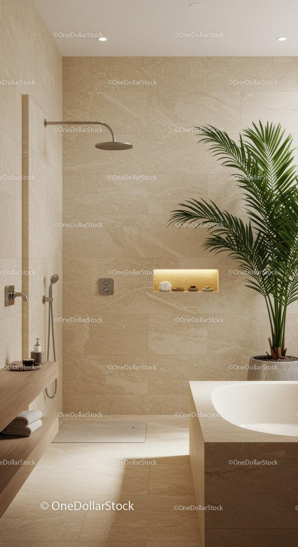 Elegant Modern Bathroom with Large Bathtub and Indoor Plant