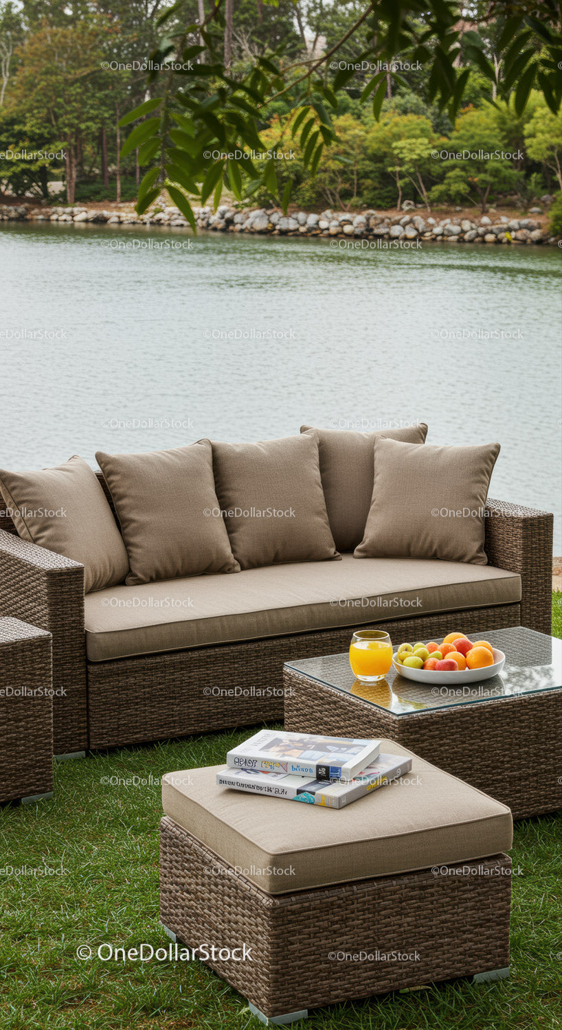 Wicker Sofa and Coffee Table Overlooking Lake with Fresh Fruit and Drink