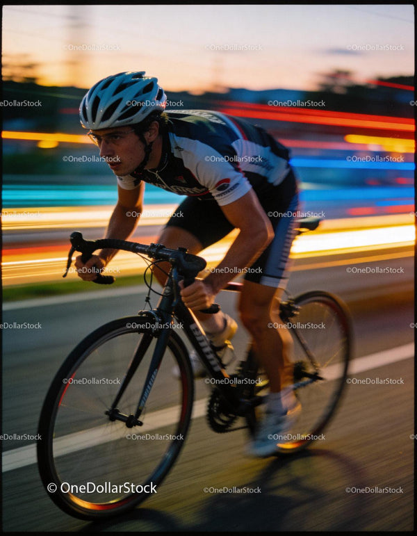 Focused cyclist racing at dusk on urban street