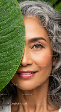 Beautiful Woman with Gray Hair and Green Leaf in Vibrant Outdoor Scene