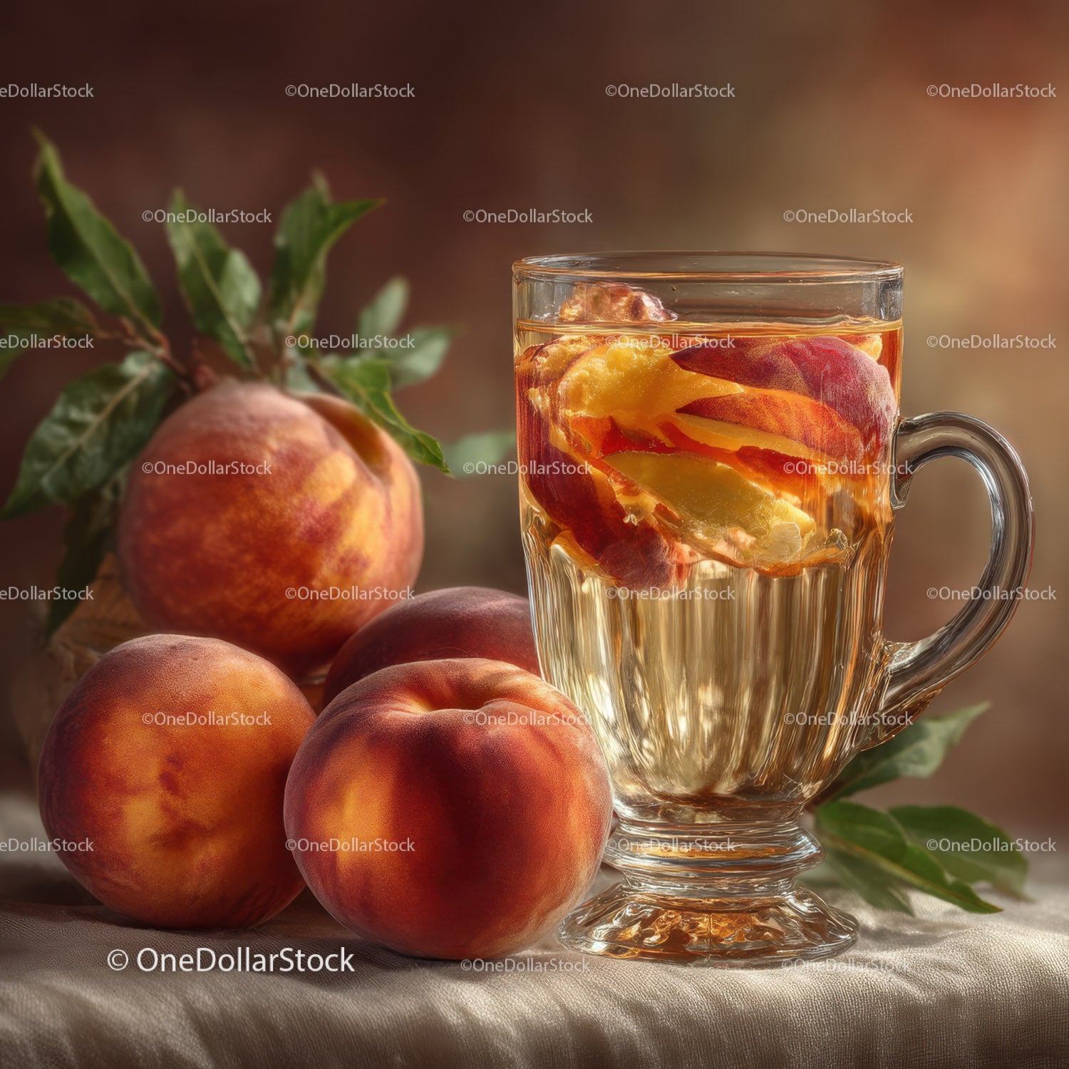 Peaches and Herbal Infusion in Glass Cup for Refreshing Summer Drink