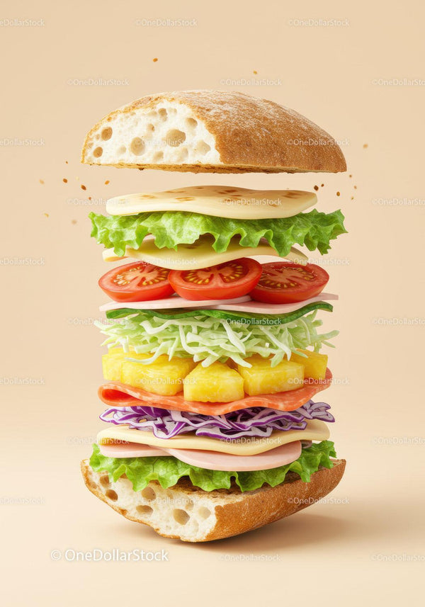 Fresh stacked sandwich with vibrant vegetables and cheese