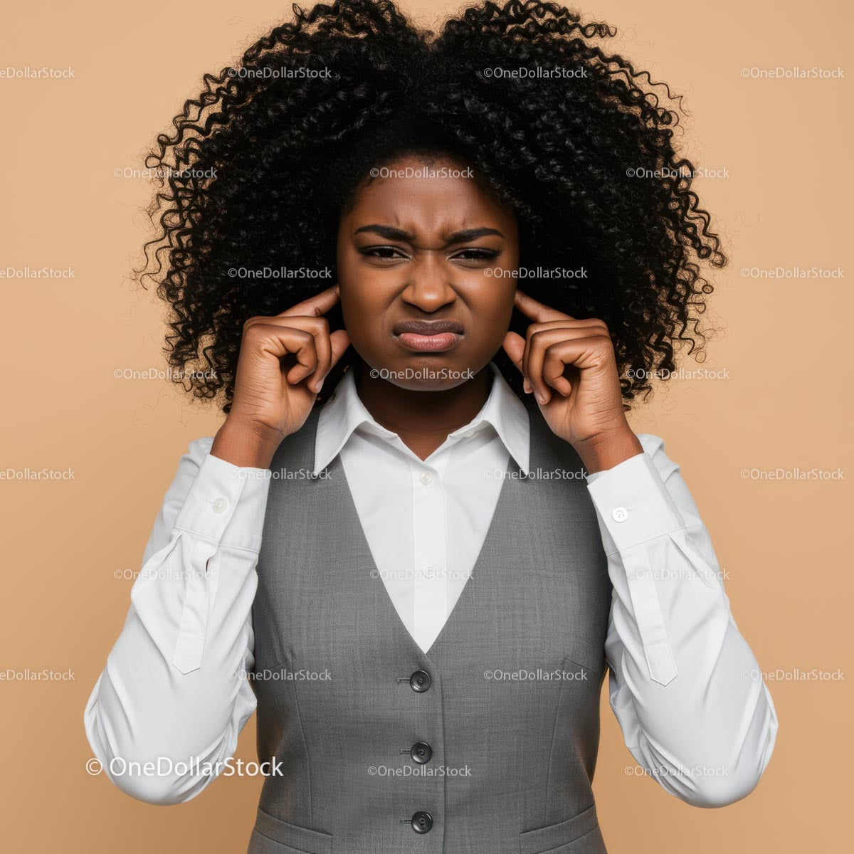 Frustrated Woman Covering Ears with Annoyed Expression