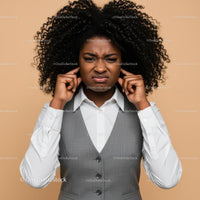 Frustrated Woman Covering Ears with Annoyed Expression