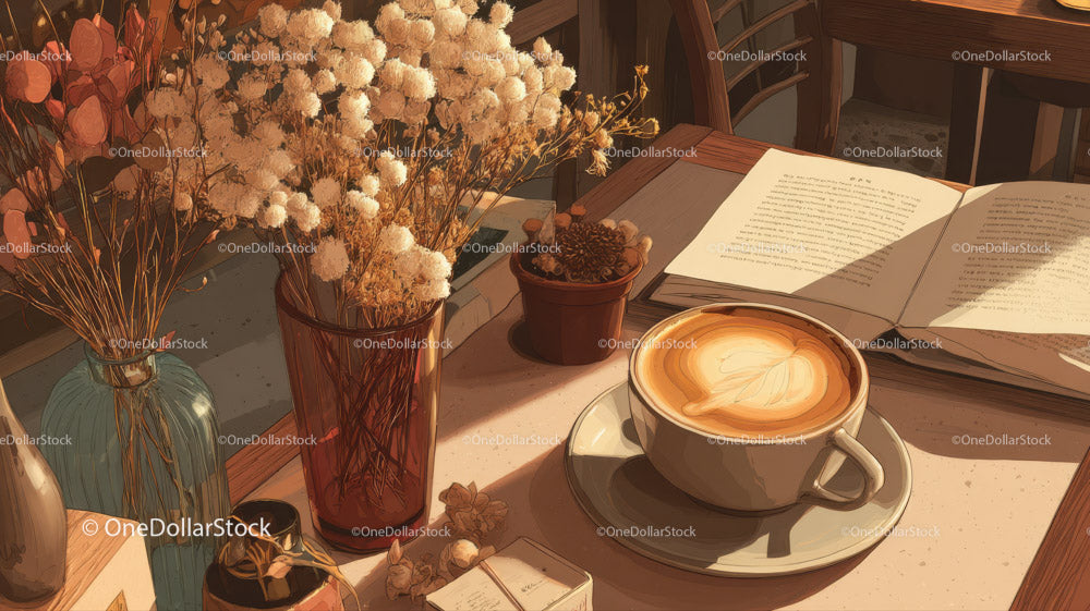 Dried Flowers in Amber Jar with Coffee and Open Book