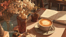 Dried Flowers in Amber Jar with Coffee and Open Book