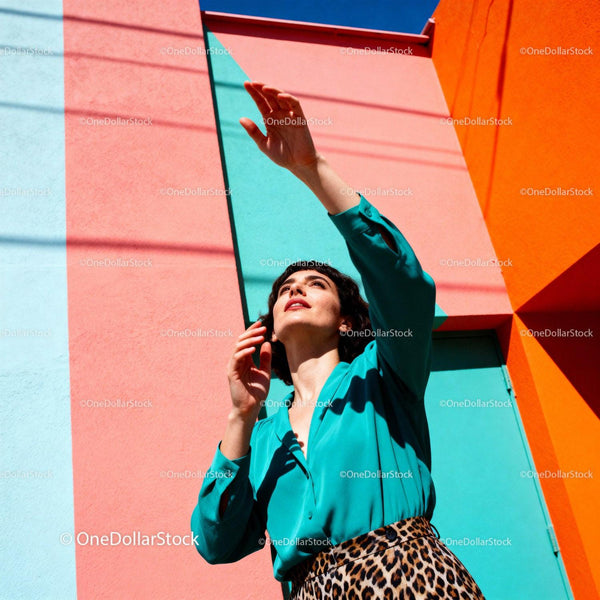 Woman gesturing upward against colorful urban wall