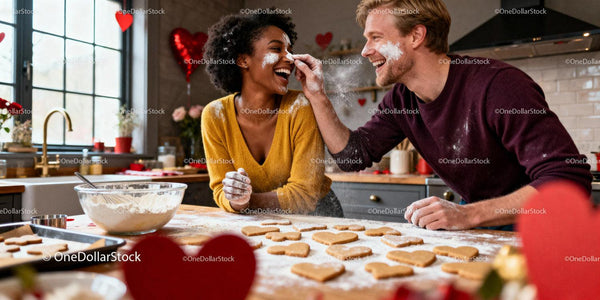 Couple Enjoying Baking Heart-Shaped Cookies Together