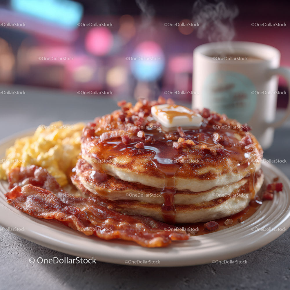 Delicious breakfast pancakes with crispy bacon and eggs