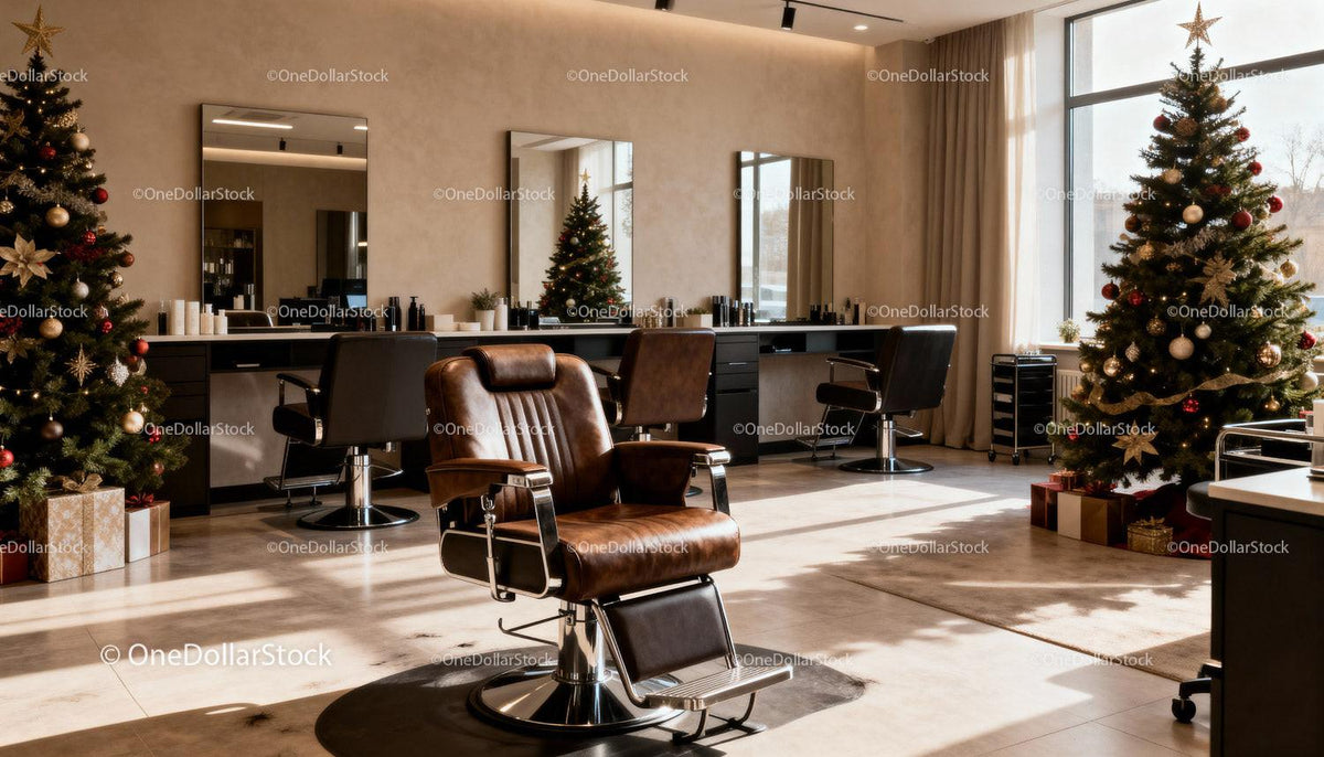 Modern barbershop interior decorated with Christmas trees