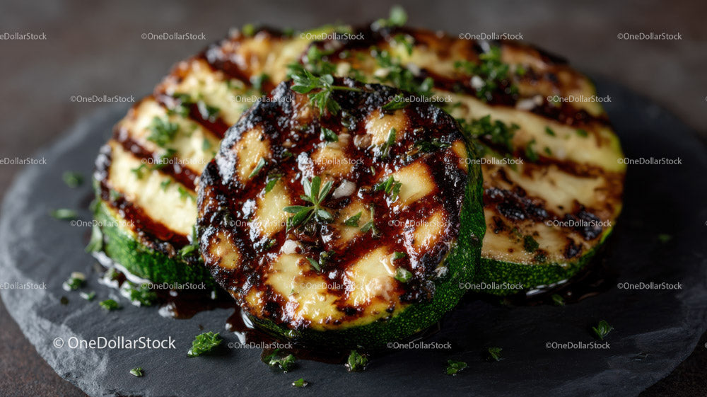 Grilled Zucchini Slices on Black Slate Plate with Char Marks