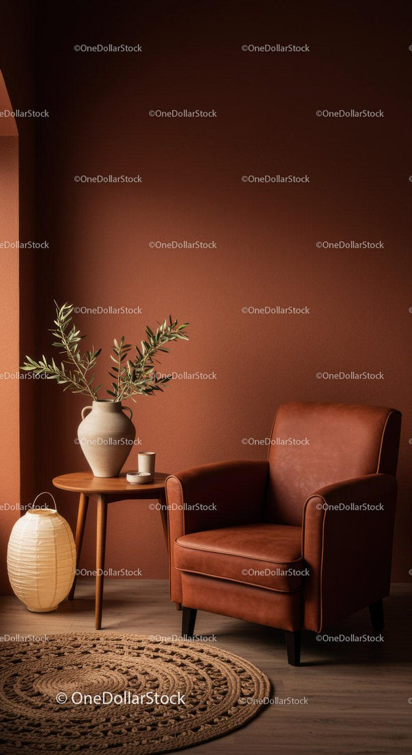 Cozy leather armchair with natural decor in warm room