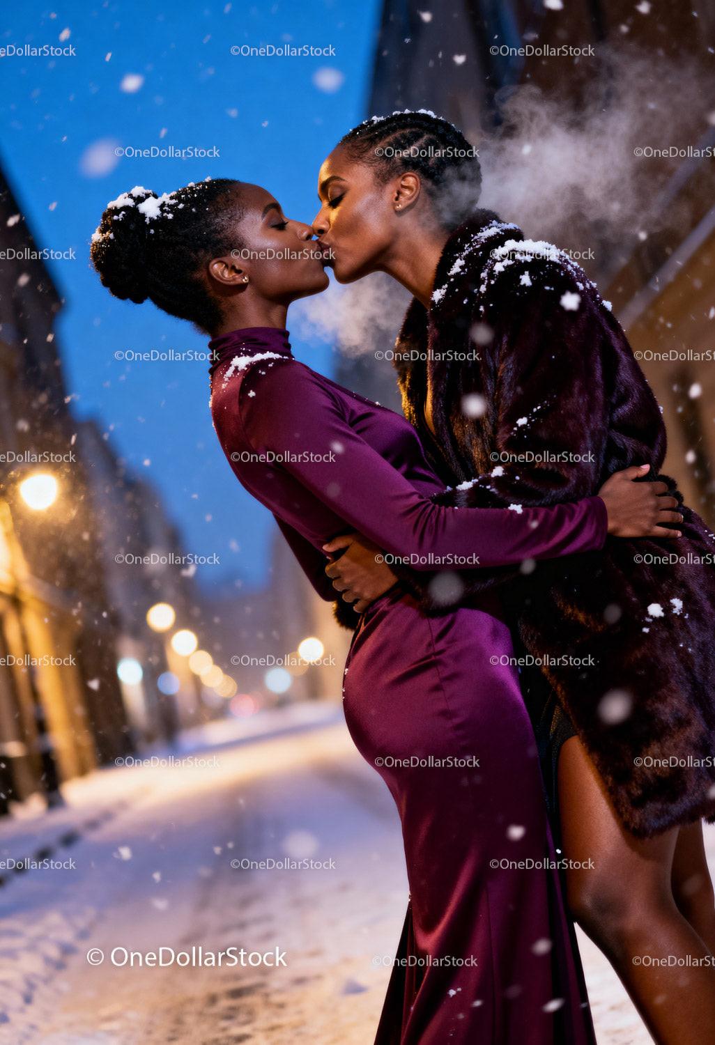 Winter Romance Between Two Women Sharing a Tender Kiss
