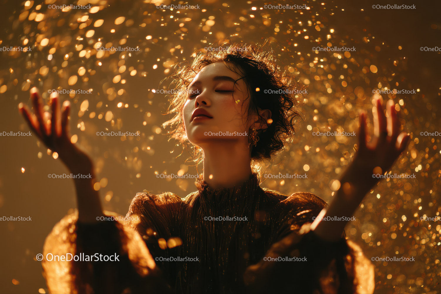 Elegant Woman with Golden Glitter and Dreamy Atmosphere