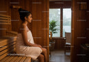 Relaxing Woman Sitting in Wooden Sauna With Green Plant and Natural Light