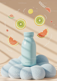 Minimalist blue bottle with floating citrus illustrations