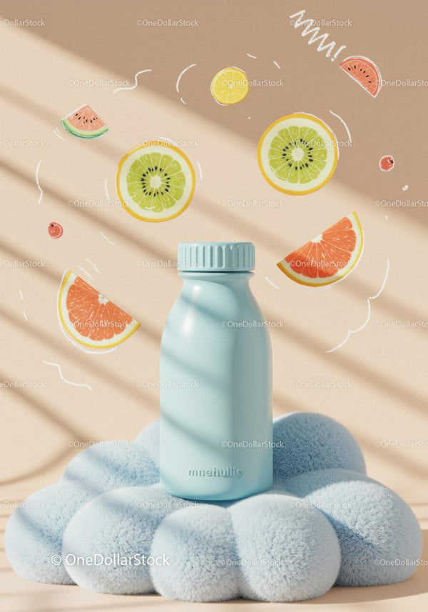 Minimalist blue bottle with floating citrus illustrations