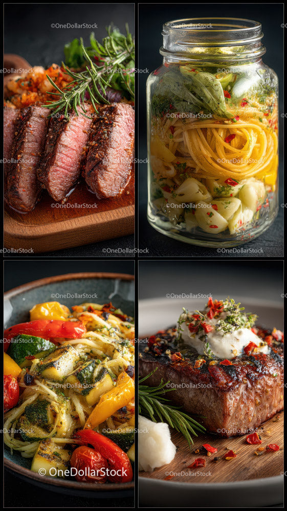 Gourmet Meat and Pasta Dishes with Fresh Herbs and Vegetables