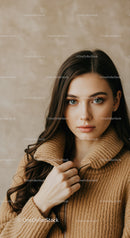 Young woman in cozy brown sweater looking at camera
