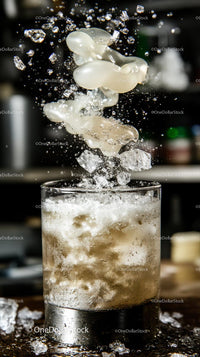 Frosty Iced Drink with Ice Cubes Splashing into Glass