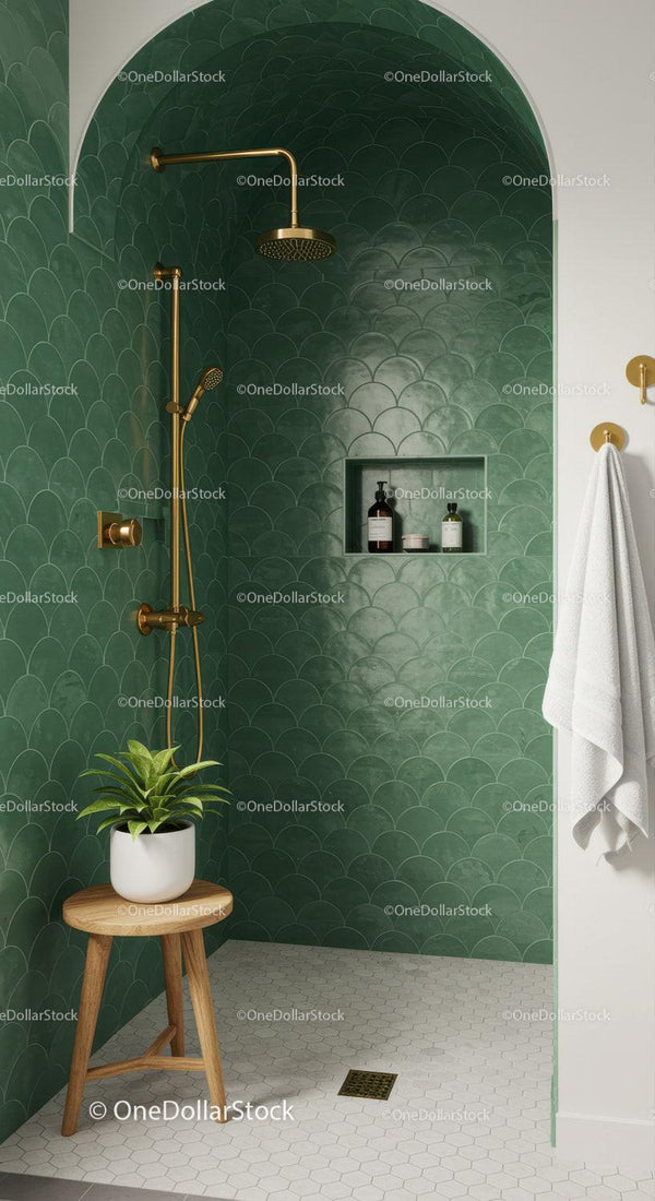 Modern green tiled shower with gold fixtures and natural accents