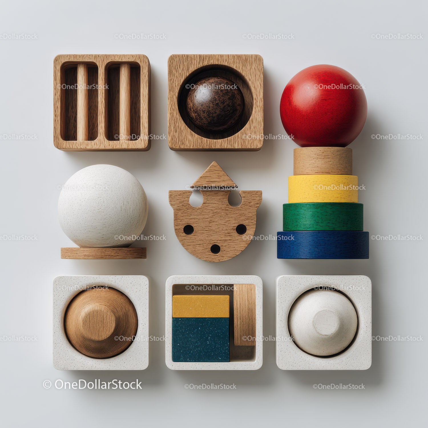 Set of Wooden Geometric Toys Including Rainbow and Shapes for Kids