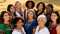 Smiling diverse women in traditional embroidered clothing outdoors
