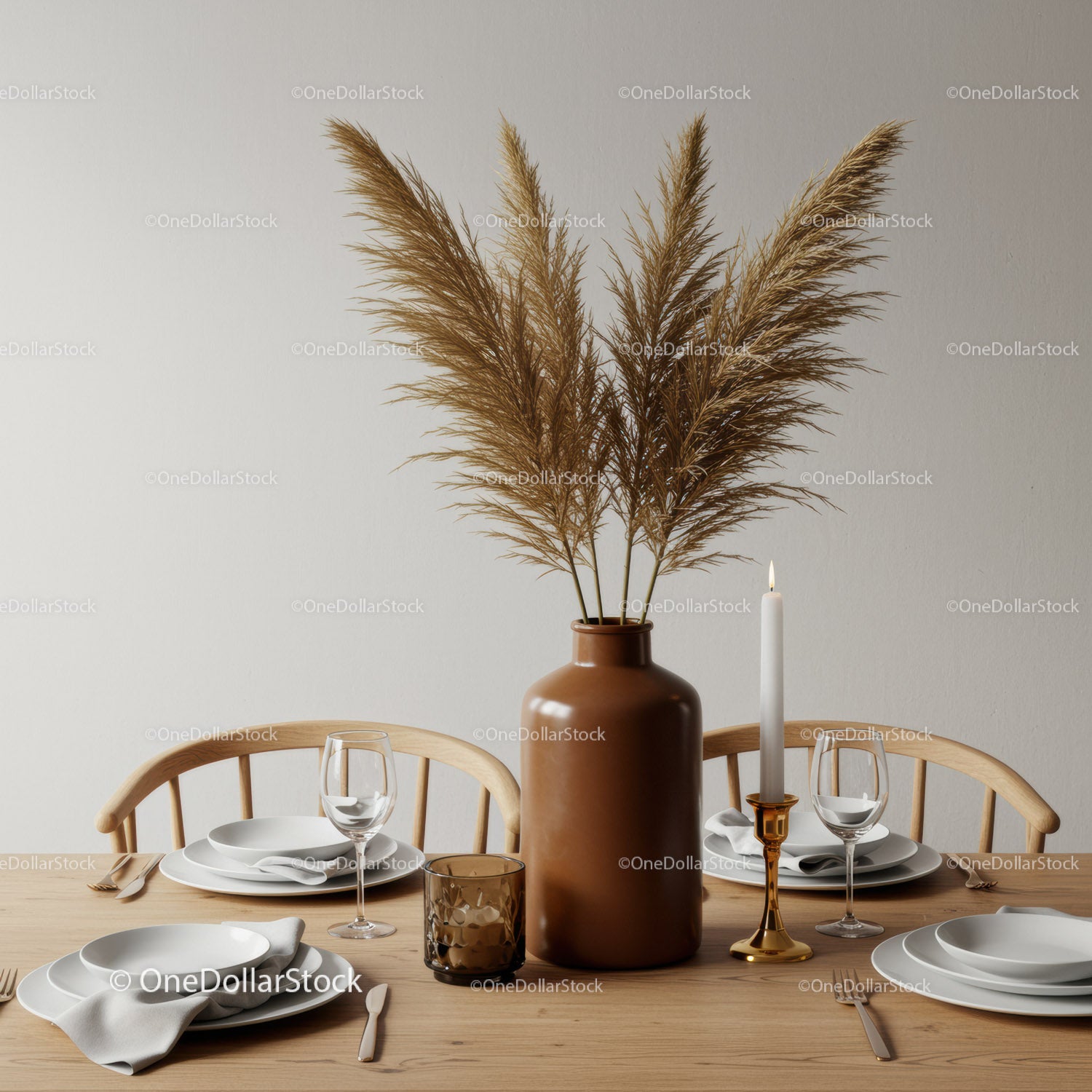 Elegant Dining Table with Pampas Grass and Candles for Modern Home
