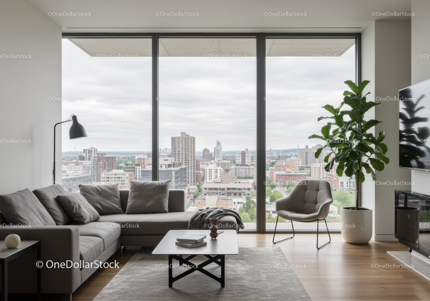 Modern Living Room with Floor-to-Ceiling Windows and Cityscape View