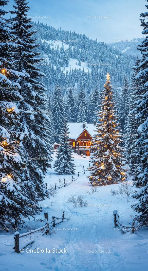 Cozy Winter Cabin Surrounded by Snowy Pines and Lights