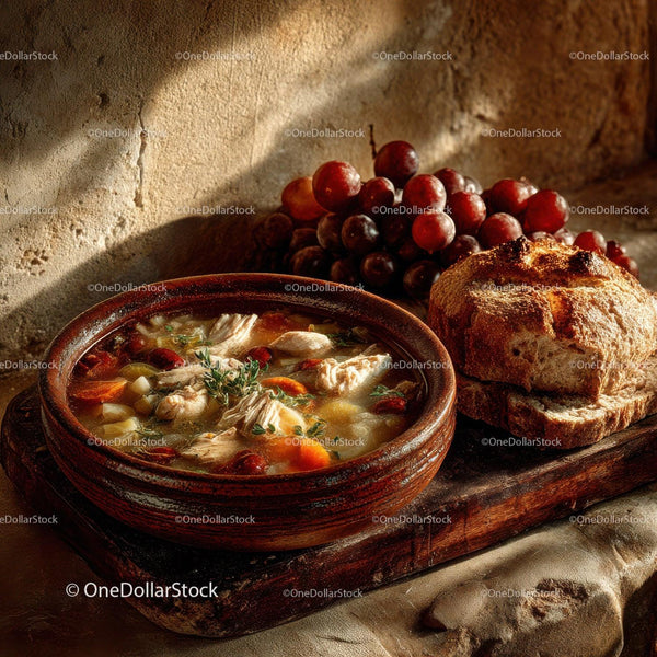 Rustic Chicken and Vegetable Soup with Fresh Bread and Grape Garnish
