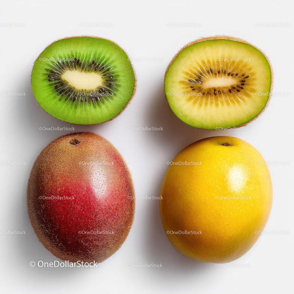 Vibrant Kiwi and Mango Fruits on a White Background