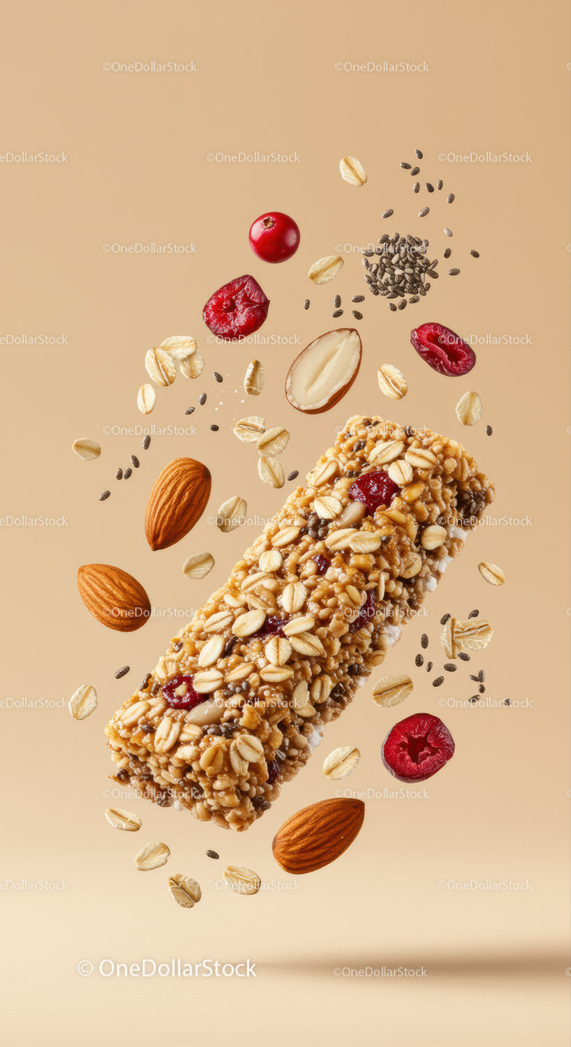 Nut and berry granola bar with floating ingredients