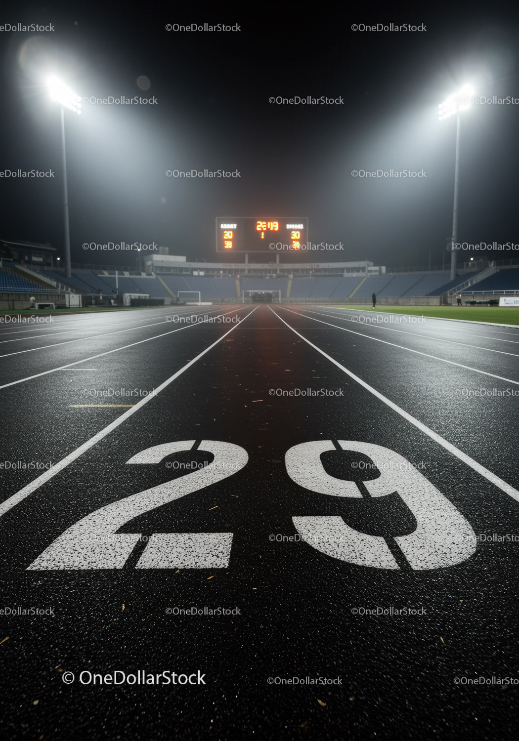 Empty Nighttime Running Track Lane 29 with Stadium Lights
