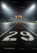 Empty Nighttime Running Track Lane 29 with Stadium Lights