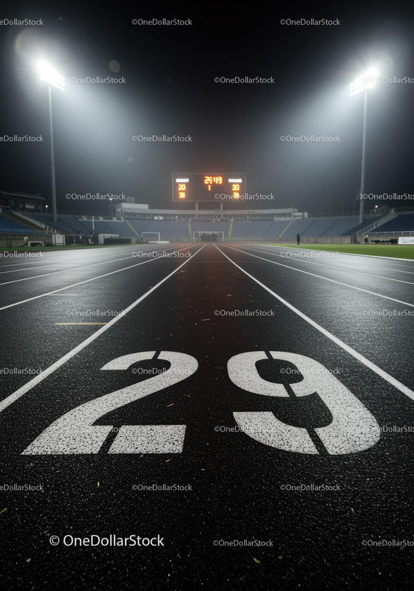 Empty Nighttime Running Track Lane 29 with Stadium Lights