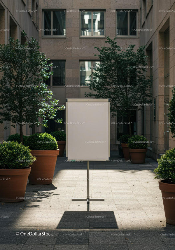 Blank presentation board in quiet urban courtyard JPG Mockup Image
