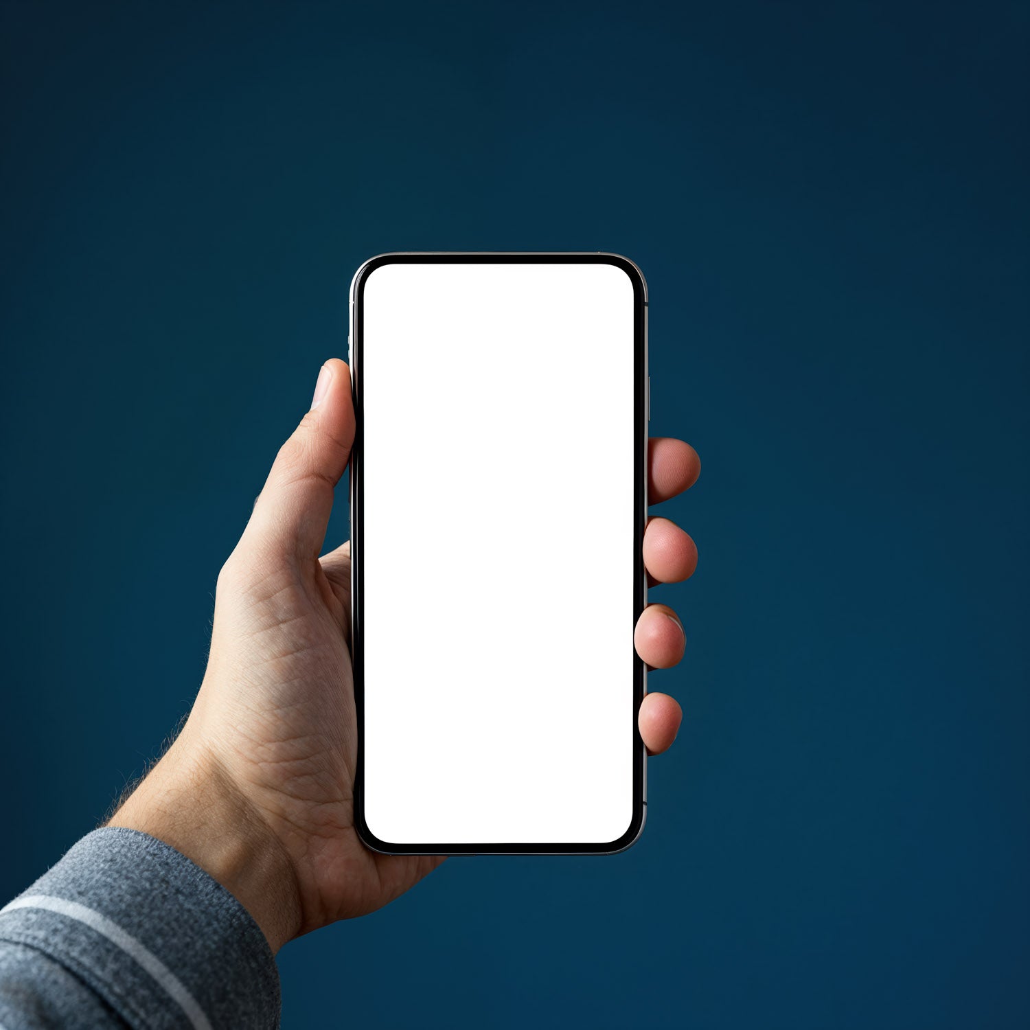 Ręka trzymająca smartfon z pustym, białym ekranem