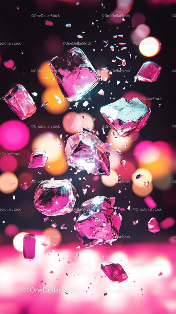 Colorful Ice Cubes Falling with Sparkling Fragments and Bokeh
