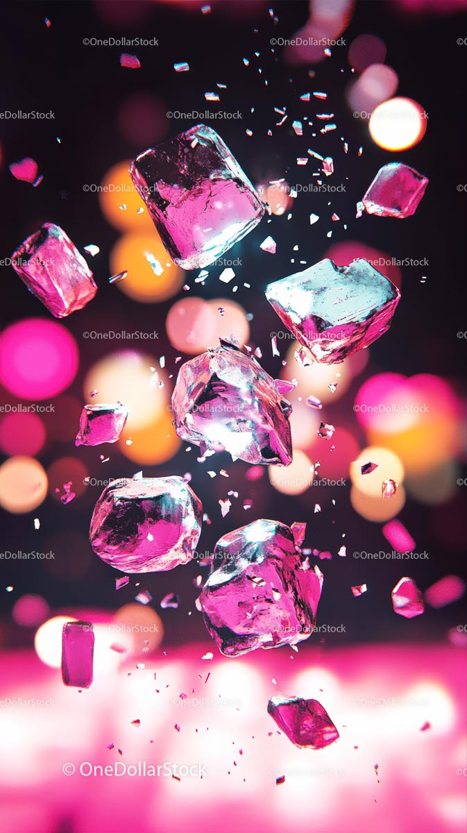 Colorful Ice Cubes Falling with Sparkling Fragments and Bokeh